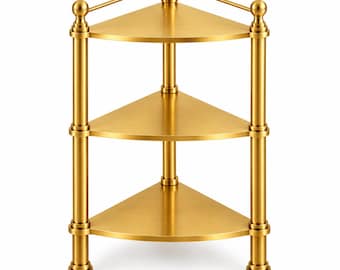 May include: A three-tier corner shelf unit with a brushed gold finish. The structure features three triangular shelves supported by four vertical cylindrical posts with ball-shaped finials at the top and a thin metal railing along the back.