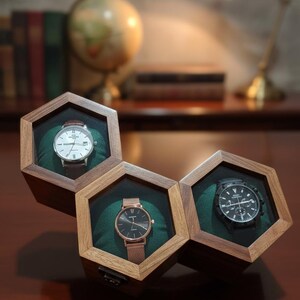 Rosewood Honeycomb Watch Display Case, Handmade Timepiece Storage Box 3 Slot
