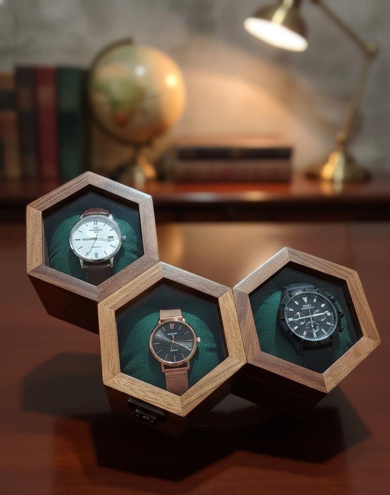 Rosewood Honeycomb Watch Display Case, Handmade Timepiece Storage Box 3 Slot