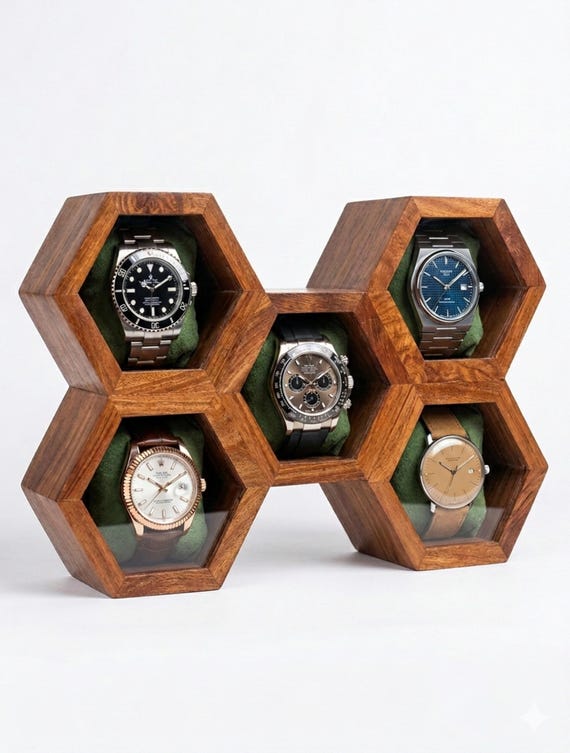 Rosewood Honeycomb Watch Display Case, Handmade Timepiece Storage Box
