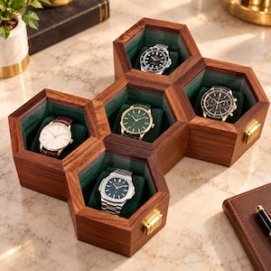Rosewood Honeycomb Watch Display Case, Handmade Timepiece Storage Box 5 Slot