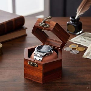May include: A hexagonal wooden watch box with a hinged lid and a brass-colored metal latch. The box features a clear glass top panel and contains a silver-toned analog wristwatch with a black face, resting on a tan-colored velvet cushion.