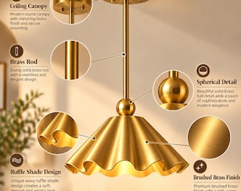 Lampada a sospensione vintage in ottone con bordo smerlato, apparecchio da soffitto in stile moderno di metà secolo (ottone spazzolato)