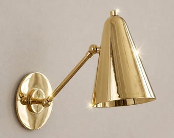 Polished Brass Cone Sconce: Adjustable Arm Wall Lamp, Mid Century Modern Light, Swing Arm Wall Light, Bedside Reading Lamp