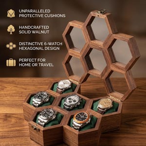 May include: A hexagonal solid walnut watch collector's case with a hinged lid and six individual compartments. Each compartment features a green cushion holding a wristwatch. Text on the image reads LUXURY HONEYCOMB WATCH COLLECTOR'S CASE.