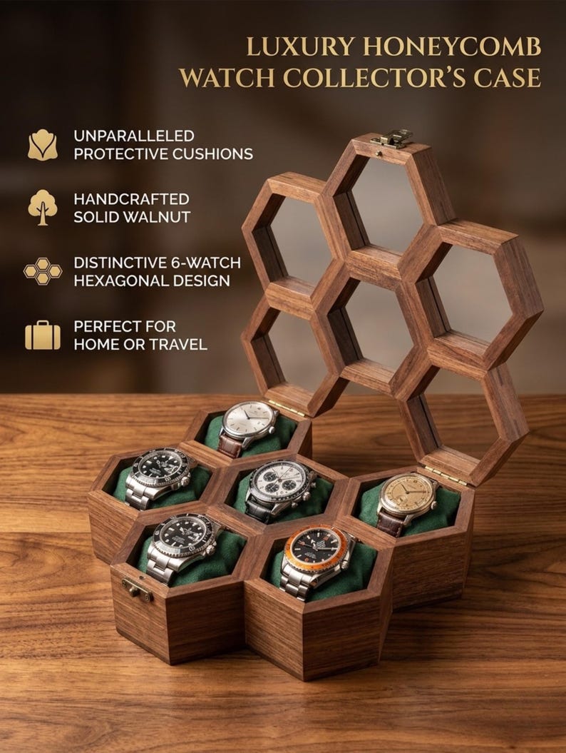 May include: A hexagonal solid walnut watch collector's case with a hinged lid and six individual compartments. Each compartment features a green cushion holding a wristwatch. Text on the image reads LUXURY HONEYCOMB WATCH COLLECTOR'S CASE.