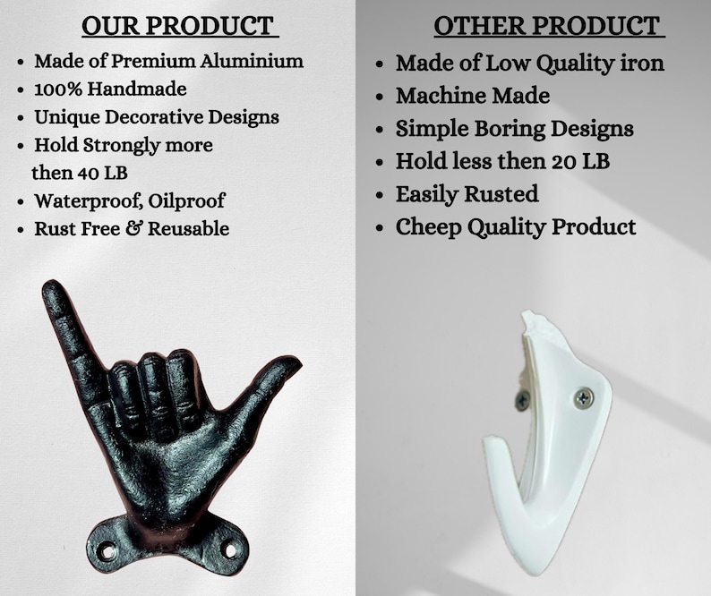 May include: A black aluminum hand-shaped wall hook with a textured finish, next to a white hook. Text on the left states "OUR PRODUCT" and lists features. The right side text says "OTHER PRODUCT" and lists its features.