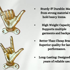 May include: Two gold-colored hand-shaped wall hooks. The hooks are in the shape of the 'shaka' hand gesture. Text on the right says: Sturdy & Durable, High Weight Capacity, Better Than Cheap Brands, and Long-Lasting.