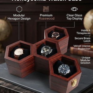 May include: A Rosewood Honeycomb Watch Case featuring a modular hexagon design made of premium rosewood. The case includes a clear glass top display, holds 4 timepieces, has a secure brass latch, and features velvet interior protection.