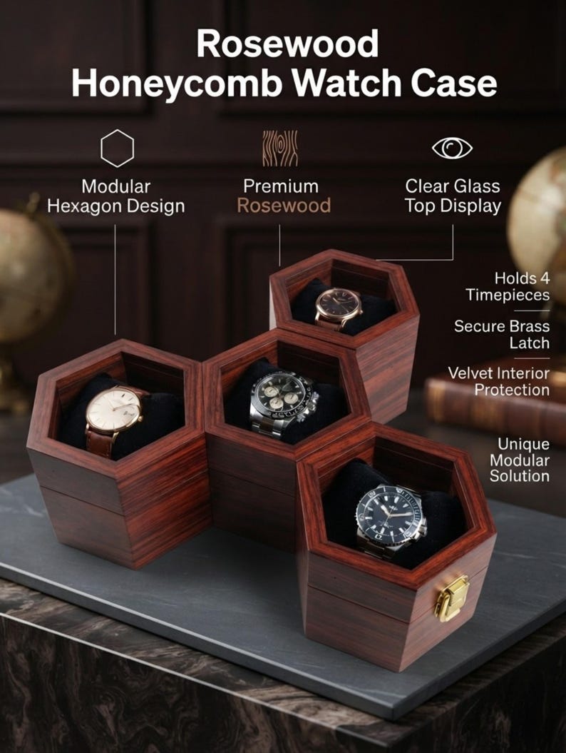 May include: A Rosewood Honeycomb Watch Case featuring a modular hexagon design made of premium rosewood. The case includes a clear glass top display, holds 4 timepieces, has a secure brass latch, and features velvet interior protection.