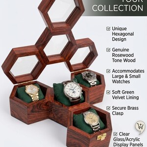 May include: A hexagonal wooden watch display case with a rosewood finish, featuring clear glass panels, soft green velvet lining, and a brass clasp. The text reads: ELEVATE YOUR COLLECTION, Unique Hexagonal Design, Genuine Rosewood Tone Wood, Accommodates Large & Small Watches, Soft Green Velvet Lining, Secure Brass Clasp, Clear Glass/Acrylic Display Panels.