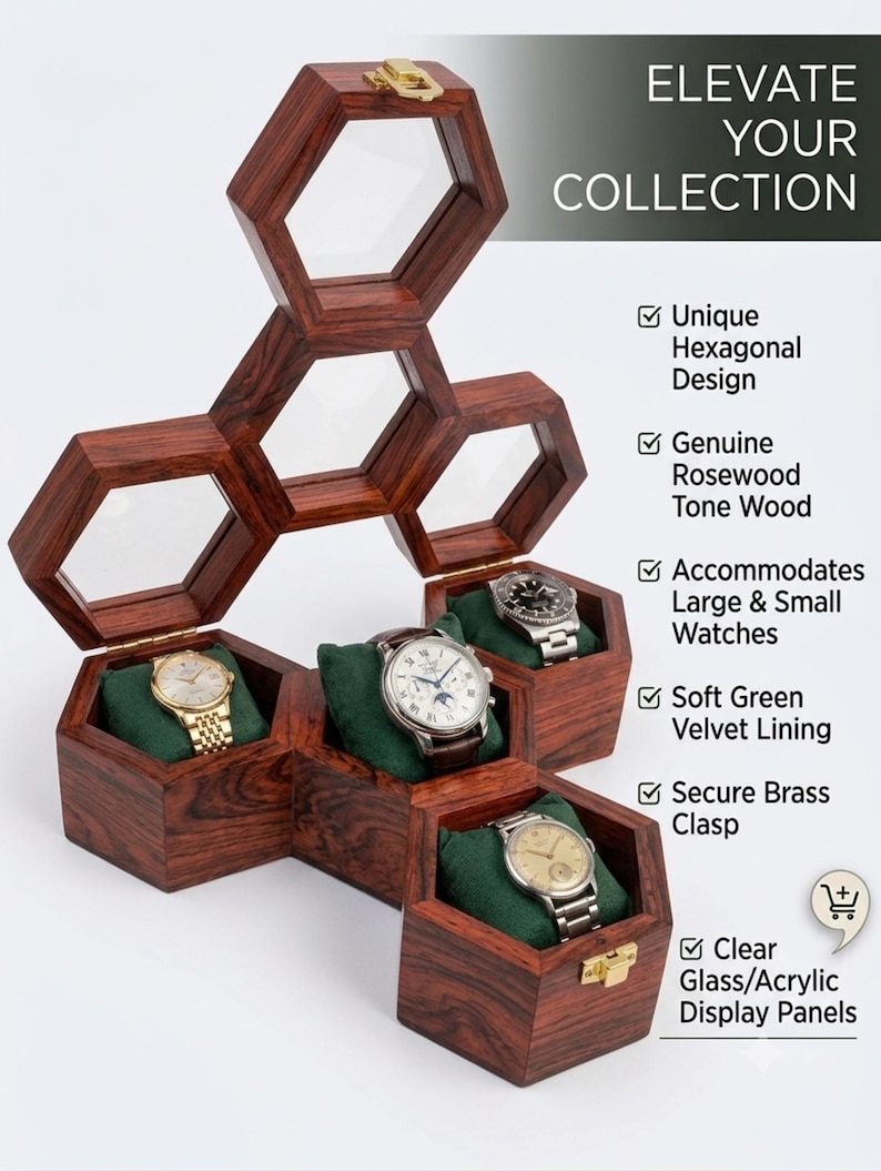 May include: A hexagonal wooden watch display case with a rosewood finish, featuring clear glass panels, soft green velvet lining, and a brass clasp. The text reads: ELEVATE YOUR COLLECTION, Unique Hexagonal Design, Genuine Rosewood Tone Wood, Accommodates Large & Small Watches, Soft Green Velvet Lining, Secure Brass Clasp, Clear Glass/Acrylic Display Panels.