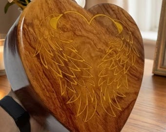 Handmade Rosewood Heart Cremation Urn – Angel Wings Keepsake