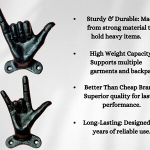May include: Two black metal wall hooks shaped like hands, each with a mounting plate and screw holes. The hooks are designed to hold heavy items and support multiple garments and backpacks. The text on the right says "Sturdy & Durable" and "Long-Lasting".