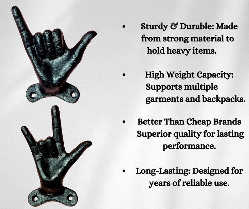 May include: Two black metal wall hooks shaped like hands, each with a mounting plate and screw holes. The hooks are designed to hold heavy items and support multiple garments and backpacks. The text on the right says "Sturdy & Durable" and "Long-Lasting".