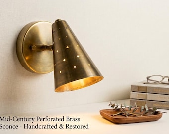 Vintage Raw Brass Cone Wall Sconce: Mid-Century Modern Perforated Lamp For Bedroom, Living room & Office