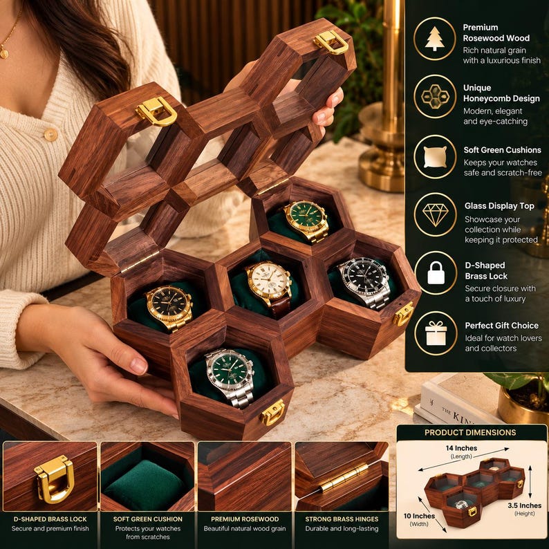 Rosewood Honeycomb Watch Display Case, Handmade Timepiece Storage Box image 4