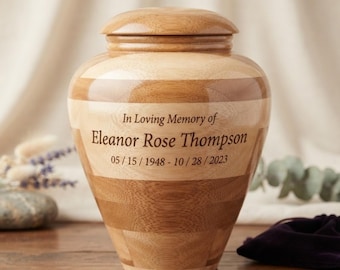 Personalized Mango Wood Cremation Urn for Adult Ashes (Engraved Hamsa, Flag, Cross)