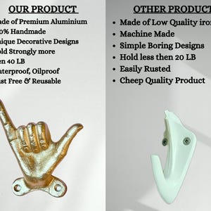 May include: A gold-colored hand-shaped wall hook made of premium aluminum. The hook is handmade and features a unique decorative design. The image also shows a comparison with a white hook made of low-quality iron.