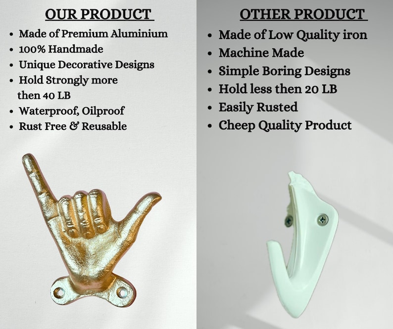 May include: A gold-colored hand-shaped wall hook made of premium aluminum. The hook is handmade and features a unique decorative design. The image also shows a comparison with a white hook made of low-quality iron.