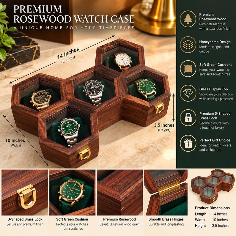 Rosewood Honeycomb Watch Display Case, Handmade Timepiece Storage Box image 3