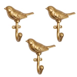 Set of 3 Cast Iron Bird Coat Hooks: Rustic Wall Decor