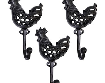 Set of 3 Cast Iron Rooster Hooks – Rustic Wall Decor, Entryway Hanger