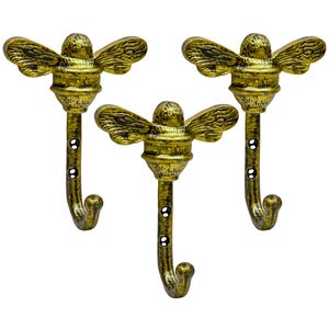 Set of 3 Cast Iron Bee Hooks, Rustic Wall Art Decor