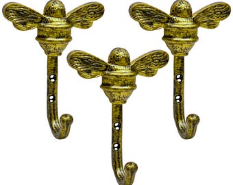 Set of 3 Cast Iron Bee Hooks, Rustic Wall Art Decor