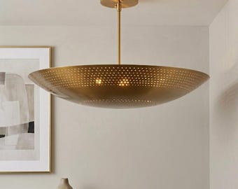 Lampadario a sospensione a doppio disco in ottone a 6 luci: apparecchio di illuminazione a sospensione italiano