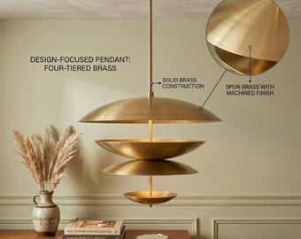 Lampadario a disco in ottone con fontana / Stile industriale, illuminazione indiretta, 24"