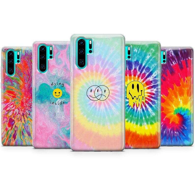 May include: Five different phone cases with tie-dye patterns. The cases feature different smiley faces and the text "dying inside".