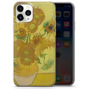 May include: A clear phone case with a vibrant painting of sunflowers in a vase. The painting is a reproduction of Vincent van Gogh's famous artwork.