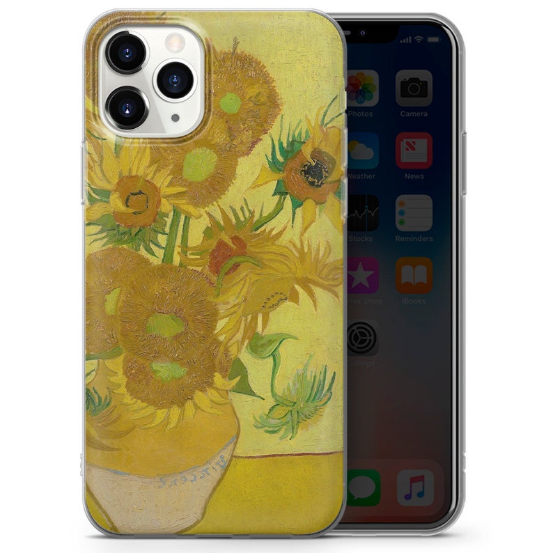 May include: A clear phone case with a vibrant painting of sunflowers in a vase. The painting is a reproduction of Vincent van Gogh's famous artwork.