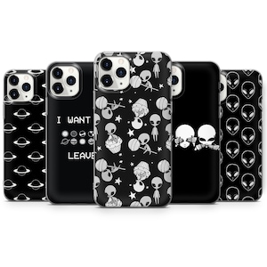 Funda de teléfono alienígena en blanco y negro Cubierta OVNI para iPhone 15 Pro, 14 Pro Max, 13, 12 y Samsung S23 Ultra, S22, S21 FE, A14, Pixel 8 Pro, 7a, 6