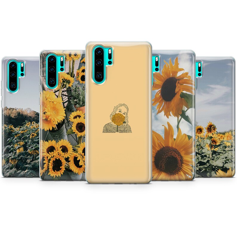 May include: Five different phone cases with sunflower designs. The cases are clear and show the phone's design underneath. One case features a line drawing of a person holding a sunflower.