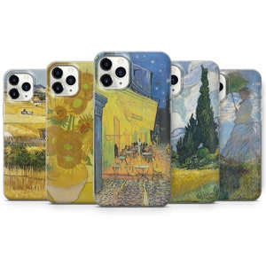 May include: Set of five iPhone cases featuring different paintings by Vincent van Gogh. The cases feature a variety of colors and styles, including sunflowers, a cafe at night, a cypress tree, and a woman with an umbrella.