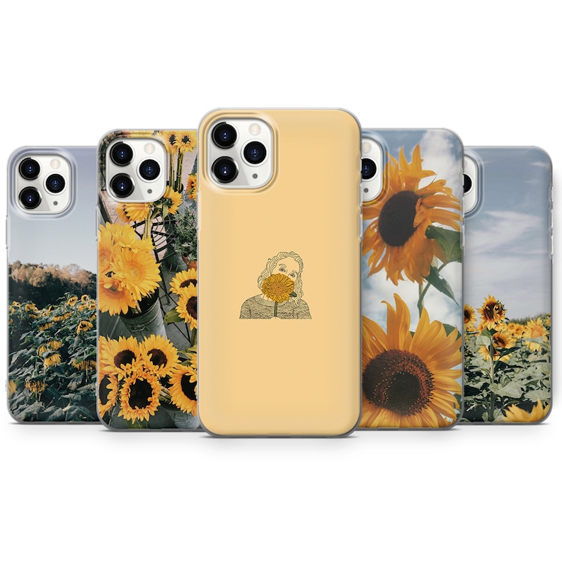 May include: Set of five phone cases featuring a sunflower design. The cases are clear and show a variety of sunflower images, including a close-up of a sunflower, a field of sunflowers, and a sunflower with a person's face in the center.