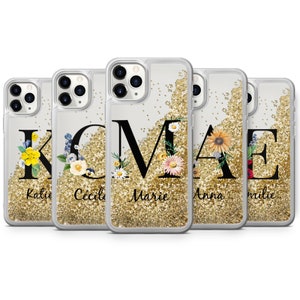Capa de telefone personalizada com nome floral fofo e iniciais, capa transparente com glitter dourado líquido para iPhone 15 Pro Max, 14 Pro, 13, 12, 11, XR, SE