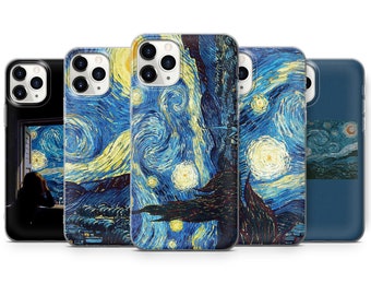 May include: Five different phone cases with a starry night design. The cases are all clear and show the design through the case. The design is a painting of a starry night with a swirling sky and a dark tree in the foreground.
