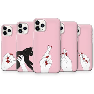 Cartoon Girl Hand Phone Case Red Nails Cover for iPhone 15 Pro, 14 Pro Max, 13, 12 & Samsung S23 Ultra, S22, S21 FE, A14, Pixel 8 Pro, 7a, 6