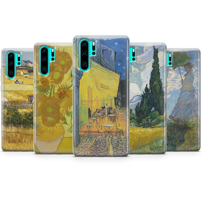 May include: Five different phone cases featuring famous Vincent van Gogh paintings. The cases are clear and show the paintings in their entirety. The paintings include "Starry Night", "Sunflowers", "Cafe Terrace at Night", "The Starry Night Over the Rhone", and "Woman with an Umbrella".