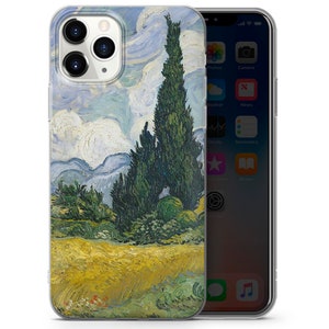May include: A clear phone case with a painting of a landscape with a tall, green cypress tree in the center. The painting is in the style of Vincent van Gogh, with swirling brushstrokes and bright colors.