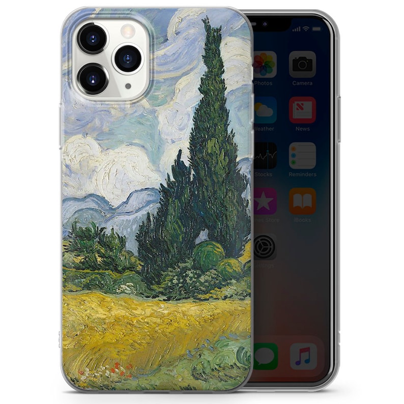 May include: A clear phone case with a painting of a landscape with a tall, green cypress tree in the center. The painting is in the style of Vincent van Gogh, with swirling brushstrokes and bright colors.