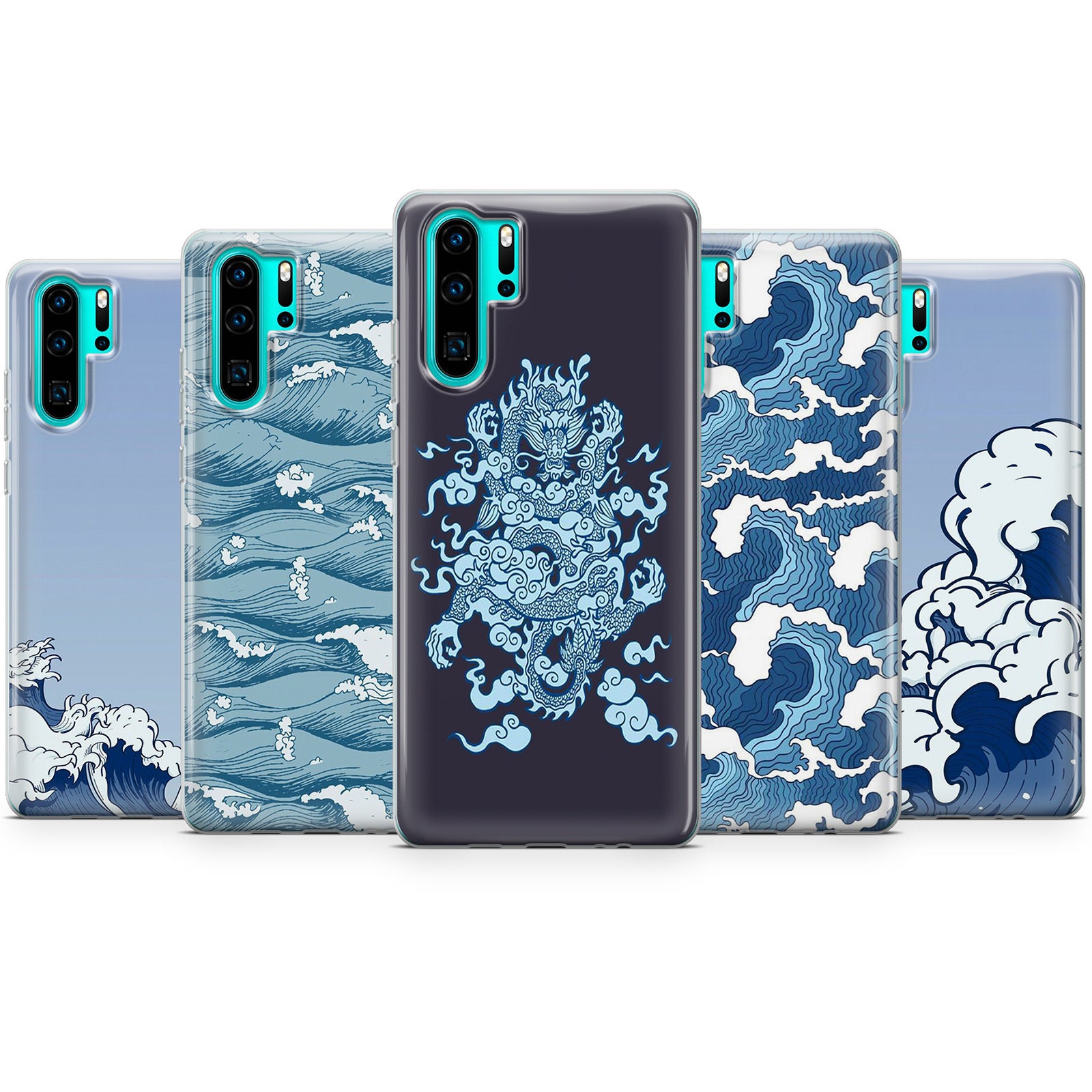 Japanese Sea Wave Phone Case Blue Dragon Cover for iPhone 15