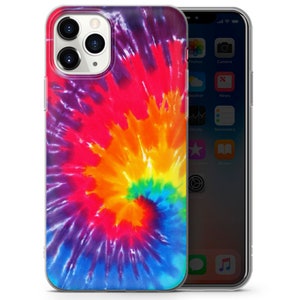 May include: A clear phone case with a colorful tie-dye design. The design features a swirling pattern of red, orange, yellow, green, blue, and purple.