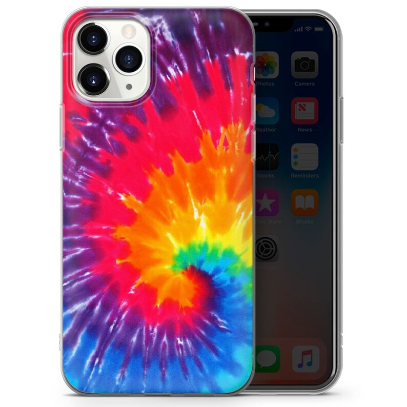May include: A clear phone case with a colorful tie-dye design. The design features a swirling pattern of red, orange, yellow, green, blue, and purple.