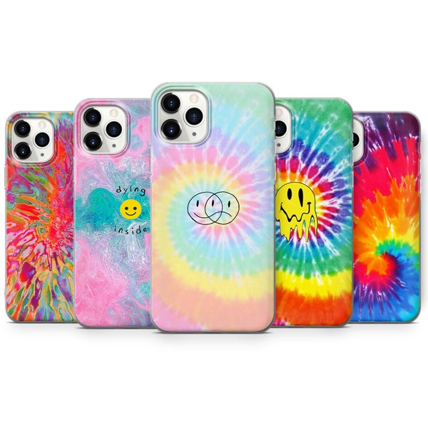 Colorful Tie Dye Phone Case Smiley Face Cover for iPhone 15 Pro, 14 Pro Max, 13, 12 & Samsung S23 Ultra, S22, S21 FE, A14 Pixel 8 Pro, 7a, 6