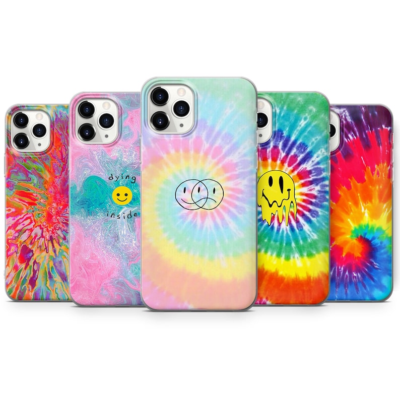 May include: Set of five phone cases with tie-dye patterns. The cases feature different designs, including a melting smiley face, two connected smiley faces, and abstract swirls. The cases are all clear and show the phone through the design.