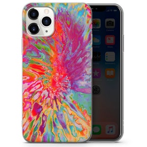 May include: A clear phone case with a colorful tie-dye pattern. The pattern features swirls of pink, orange, yellow, green, and blue.